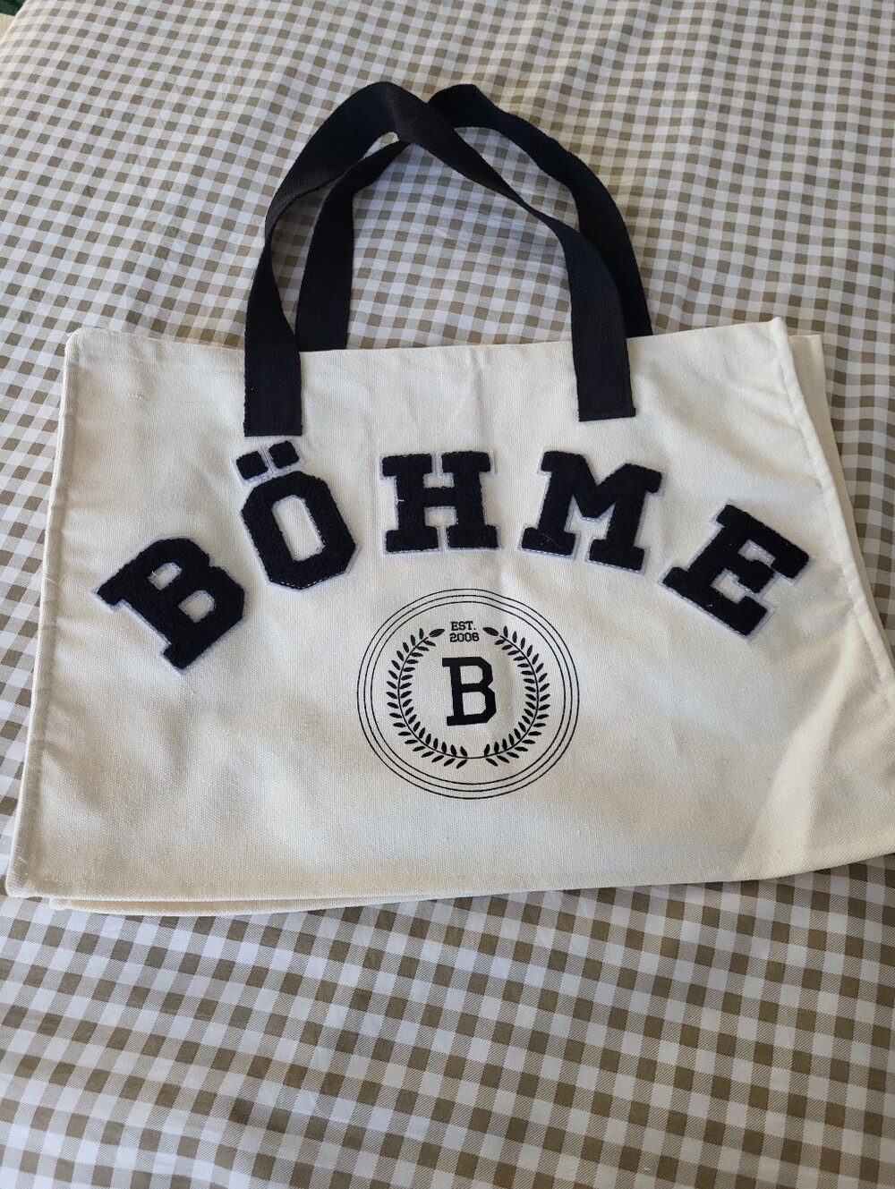 Böhme Cream anvas Tote Bag Featuring Black Chenille Lettering and a Varsity Logo